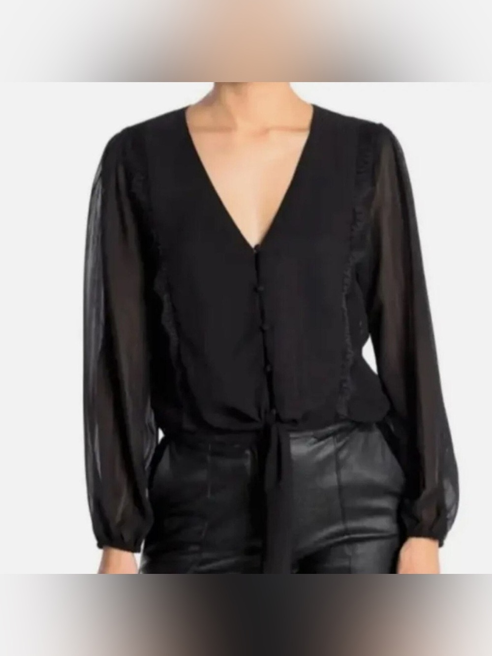 Wayf Black V-Neck Button Tie-Front Blouse